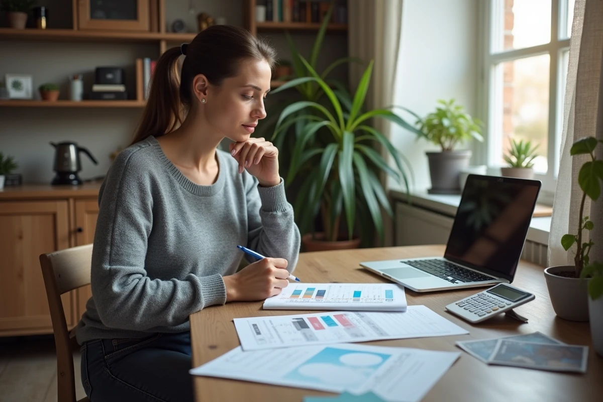 Femme calculant les coûts de rénovation avec des devis et un tableur sur ordinateur portable