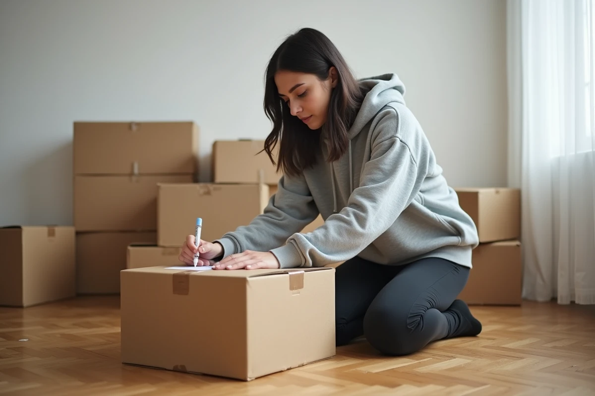 Femme étiquetant des cartons dans un appartement vide lors d'un déménagement de printemps