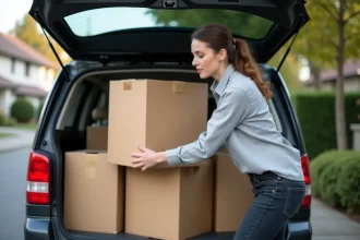 Femme chargeant des cartons de déménagement aplatis dans un minivan garé dans une rue résidentielle