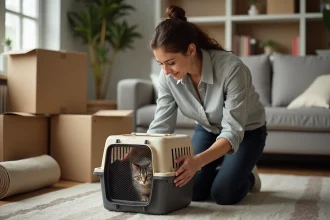 Femme qui place son chat dans un sac de transport lors d'un déménagement, entourée de cartons