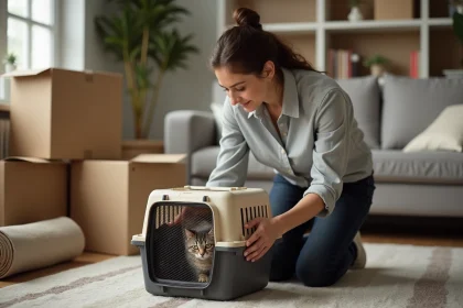 Femme qui place son chat dans un sac de transport lors d'un déménagement, entourée de cartons