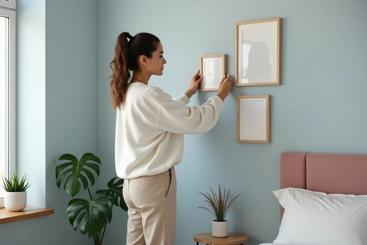 Jeune femme arrangeant des cadres décoratifs sur un mur de chambre bleu-gris dans une ambiance minimaliste moderne