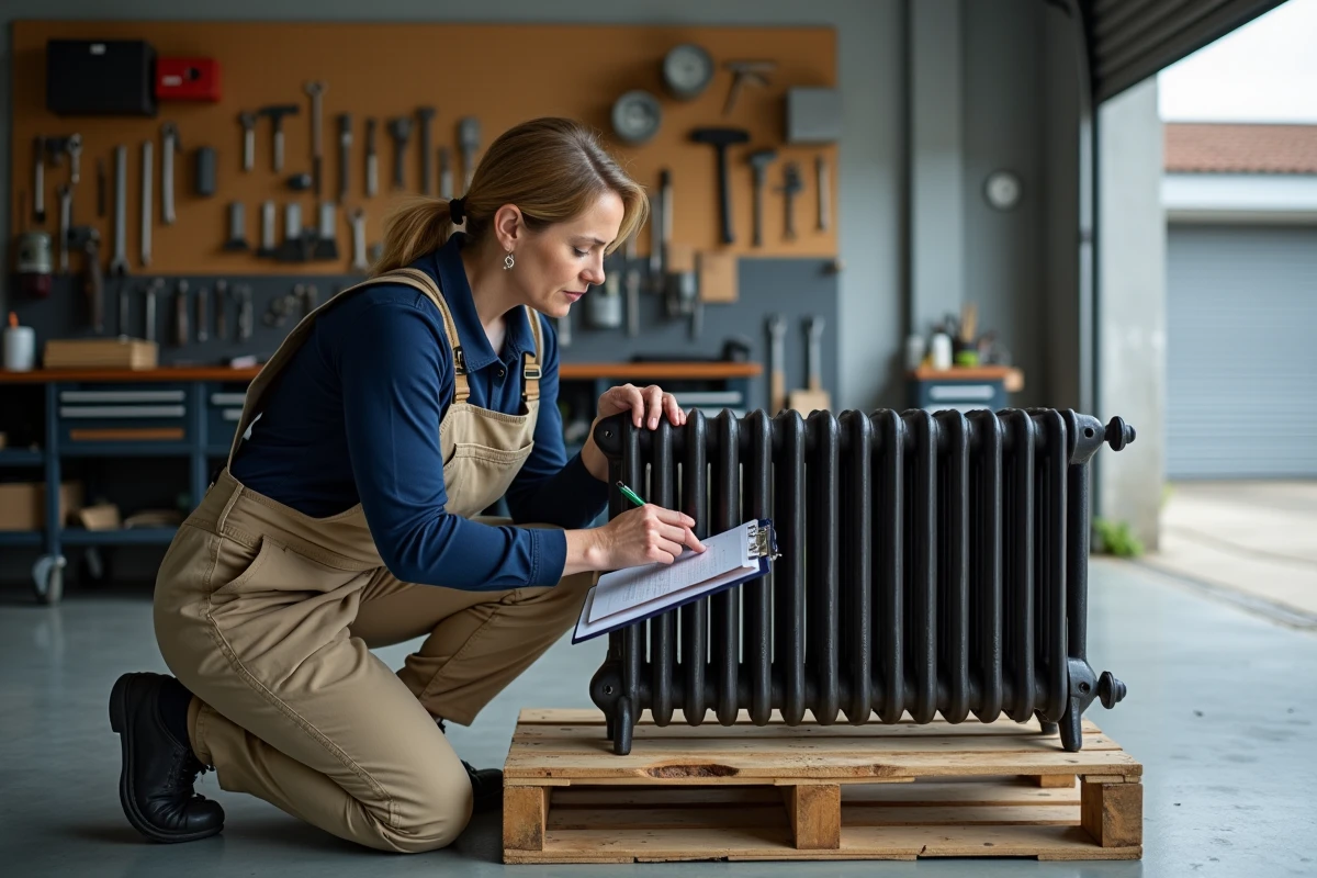 Femme évaluant le poids d'un radiateur en fonte couché dans un garage avant dépose
