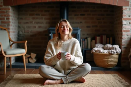 Femme assise devant un poêle à bois en fonte dans un salon chaleureux avec murs en briques et parquet sombre