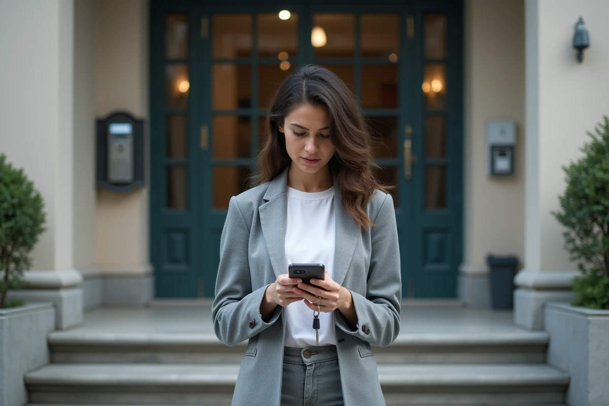 Femme devant l'entrée d'un immeuble résidentiel tenant des clés et consultant son téléphone, symbolisant la problématique de la sous-location non autorisée