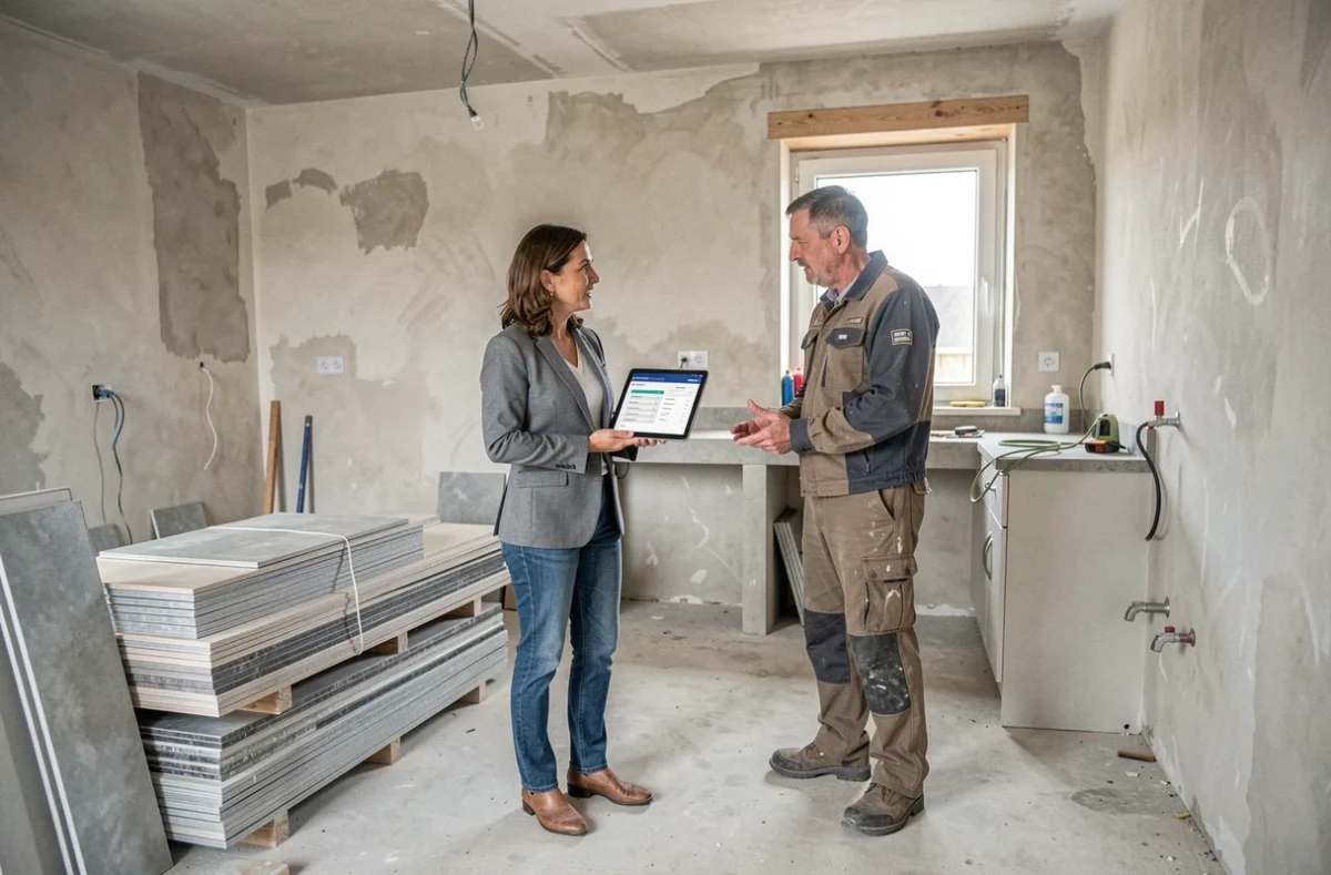Femme consultant une estimation de travaux sur tablette avec un entrepreneur dans une cuisine en cours de rénovation