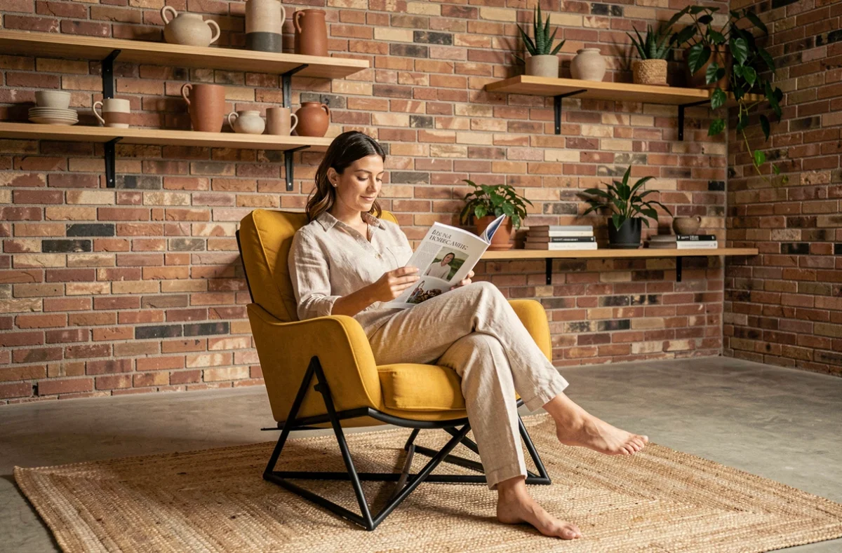 Femme assise dans un fauteuil design jaune moutarde à base géométrique noire dans un studio moderne avec mur en briques apparentes et plantes