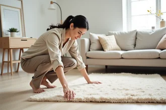 Femme évaluant la taille d'un grand tapis en laine dans un salon scandinave au parquet clair