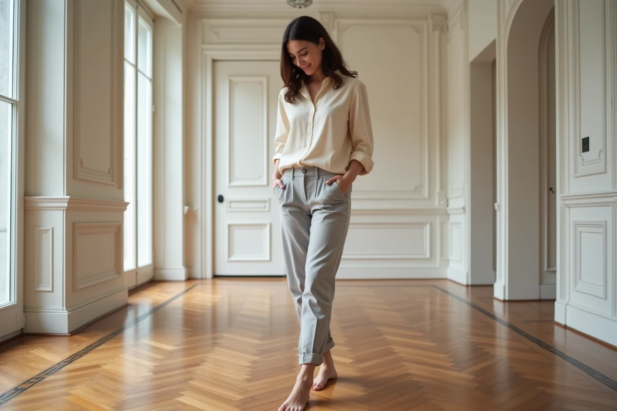 Femme admirant un parquet point de Hongrie restauré dans un appartement haussmannien rénové