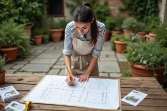Femme dessinant un plan de jardin à la main sur du papier quadrillé, entourée d'outils de jardinage et de graines sur une table en bois extérieure