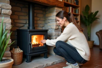 Femme réglant un poêle à granulés moderne dans un salon rustique avec poutres en bois et carrelage en terre cuite