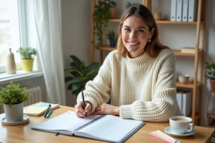 Femme écrivant dans un semainier posé sur un bureau en bois, entourée d'un carnet, d'une tasse de café et de plantes, dans un bureau à domicile organisé