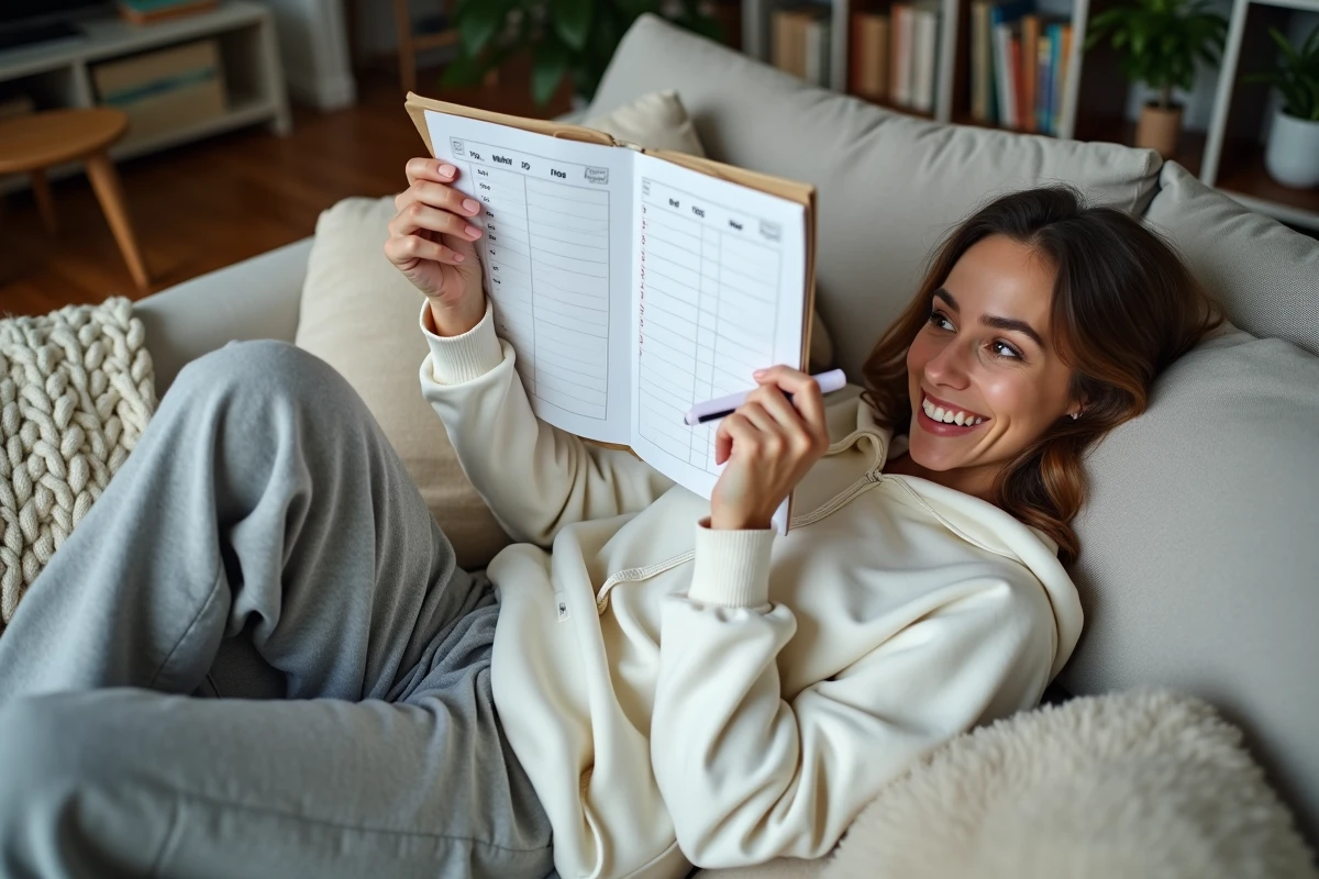 Jeune femme détendue sur un canapé gris consultant un semainier imprimé avec un surligneur, dans un appartement cosy avec des plantes et des livres
