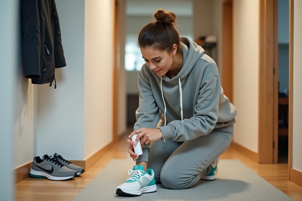 Femme en tenue de sport vaporisant un spray désodorisant à l'intérieur d'une chaussure de running dans un couloir d'appartement