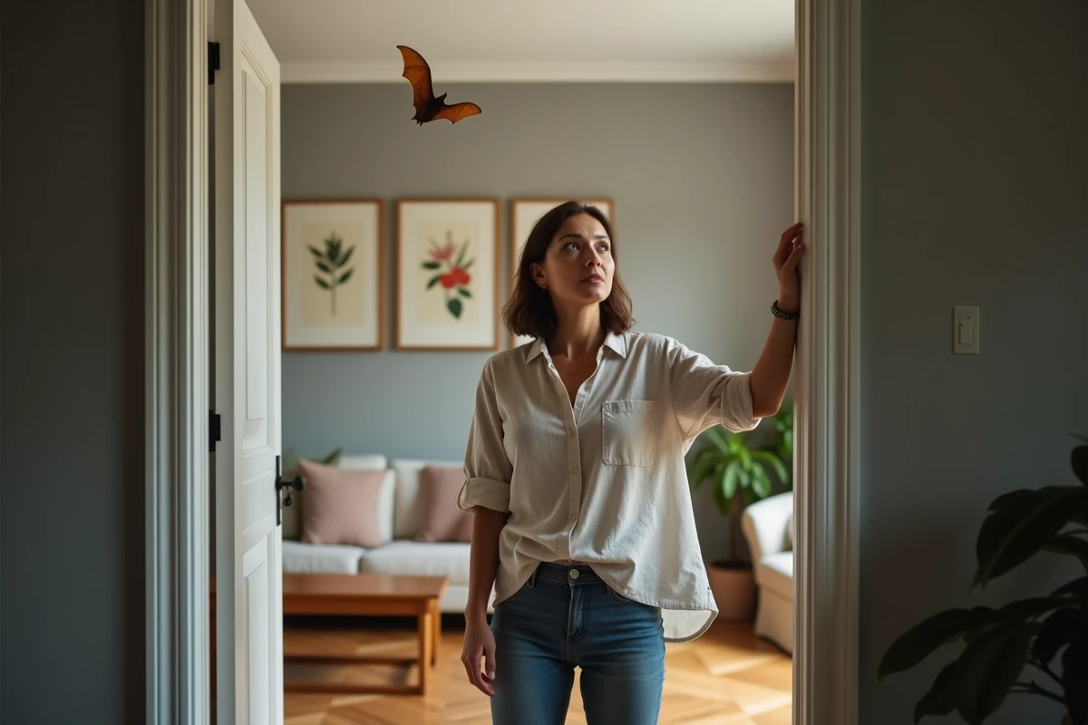 Femme surprise observant une chauve-souris voler dans son salon, debout dans l'embrasure d'une porte en regardant vers le plafond