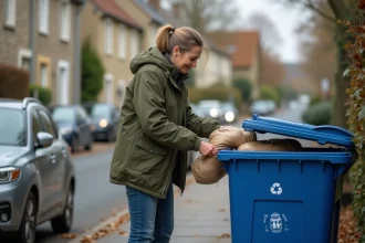 Femme déposant des déchets recyclables dans une poubelle bleue sur un trottoir résidentiel en France