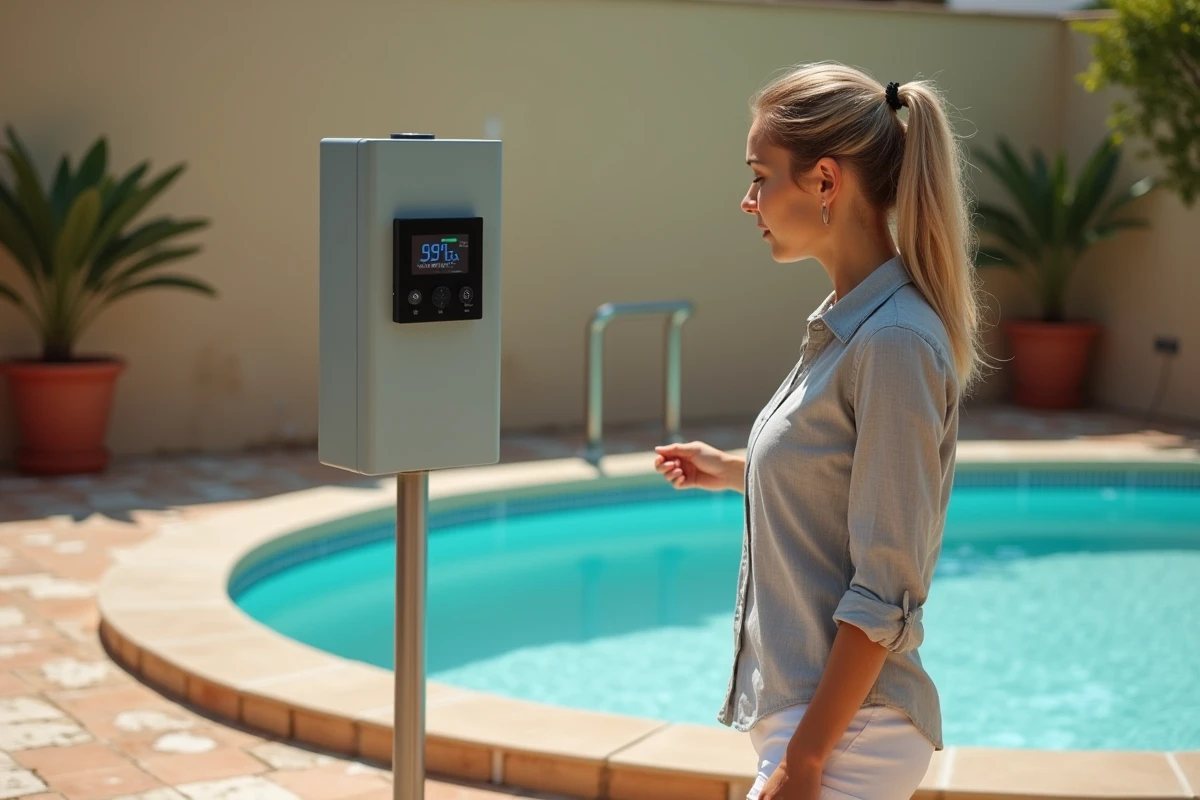 Femme consultant le tableau de contrôle d'un chauffe-eau solaire sur une piscine hors sol dans un patio ensoleillé