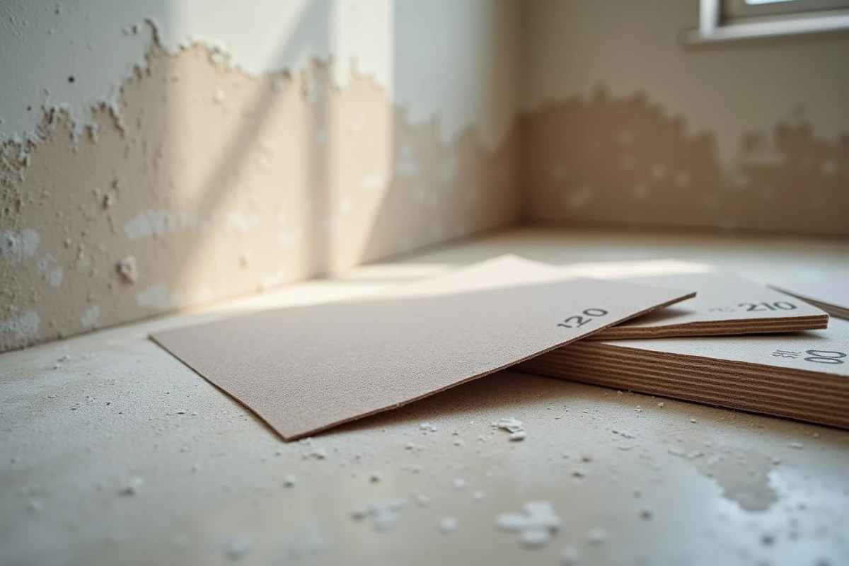 Gros plan sur des feuilles abrasives de différents grains pour poncer un enduit de finition sur placo, posées sur un établi poussiéreux