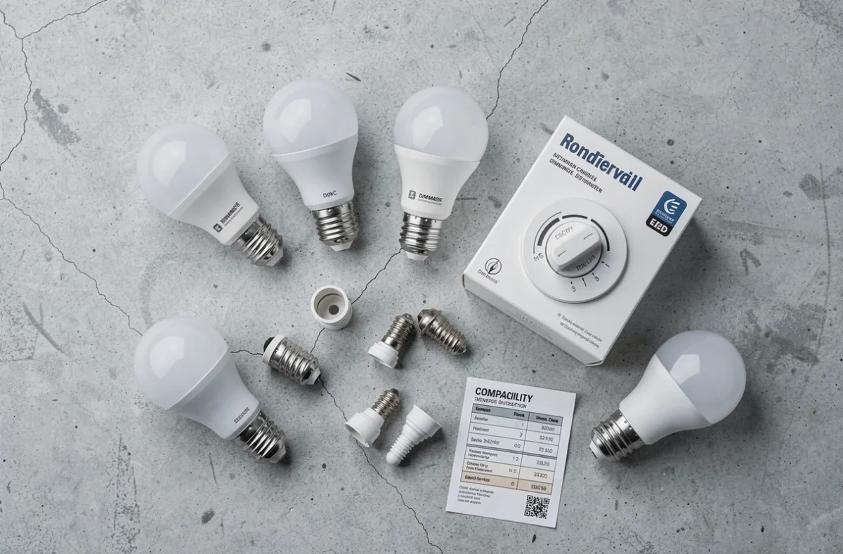 Vue de dessus d'ampoules LED dimmables avec culots E27 et B22 variateur rotatif et adaptateurs sur fond béton, guide choix culot