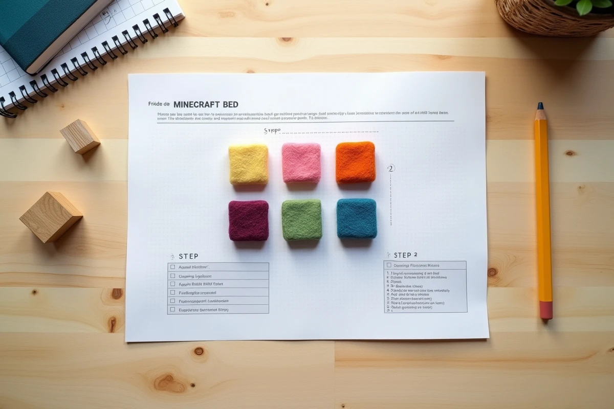 Vue aérienne d'une reconstitution artisanale de la recette de craft du lit Minecraft avec tissus et blocs en bois sur un bureau en pin