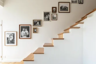Galerie de photos de famille encadrées sur le mur d'une cage d'escalier en bois clair dans une maison moderne