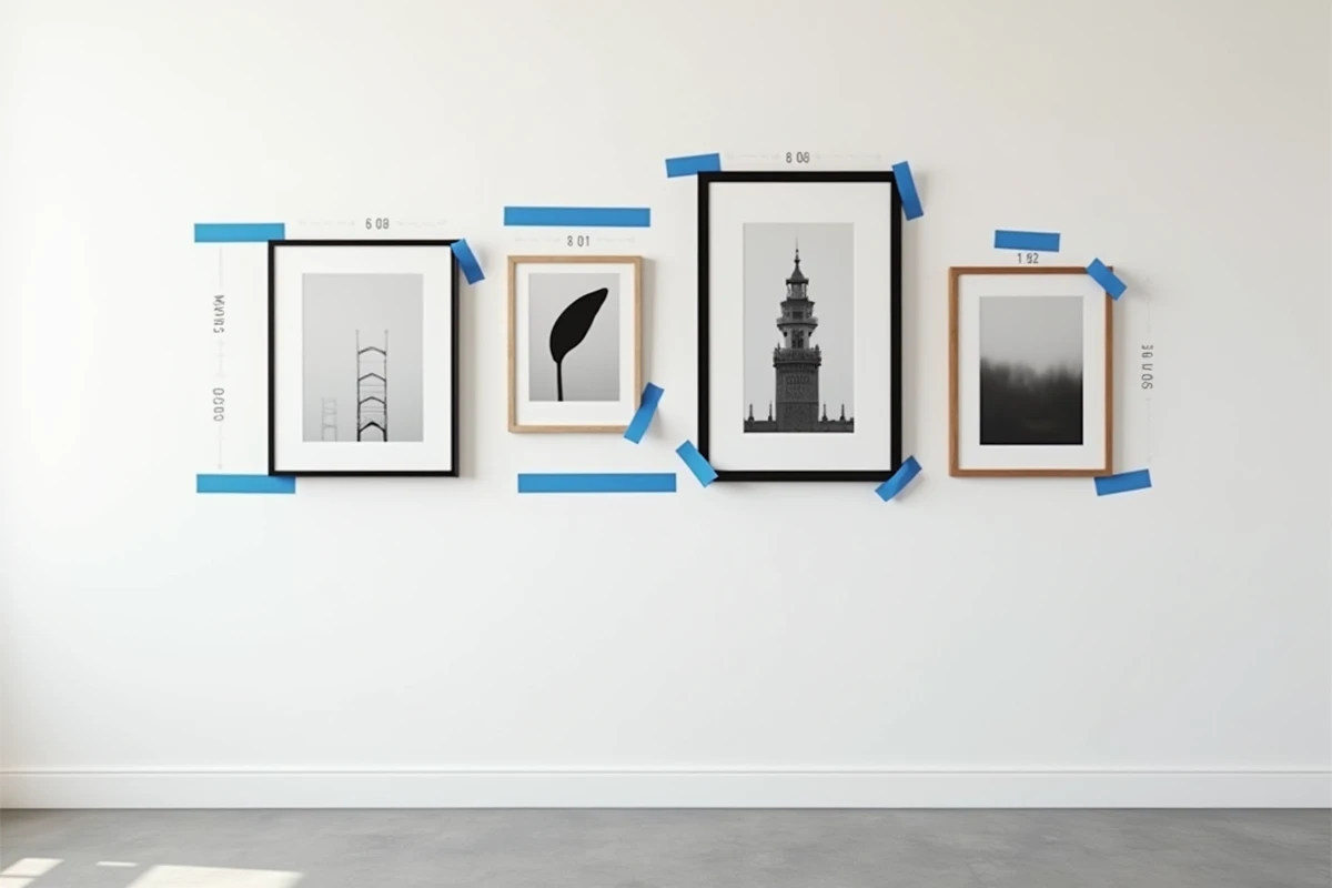 Galerie de tableaux espacés régulièrement sur un mur blanc avec du ruban adhésif de peintre comme repère