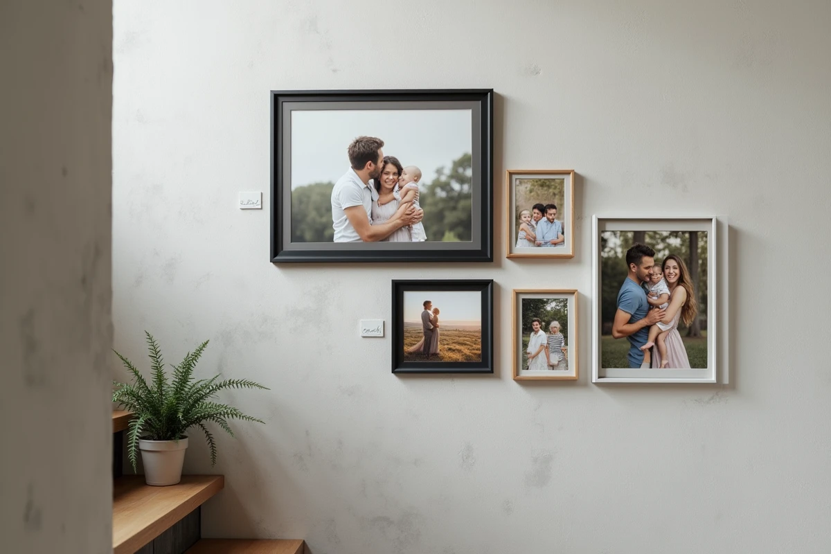 Gros plan sur un arrangement de cadres photos en bois et noir sur un mur en béton brut d'une cage d'escalier