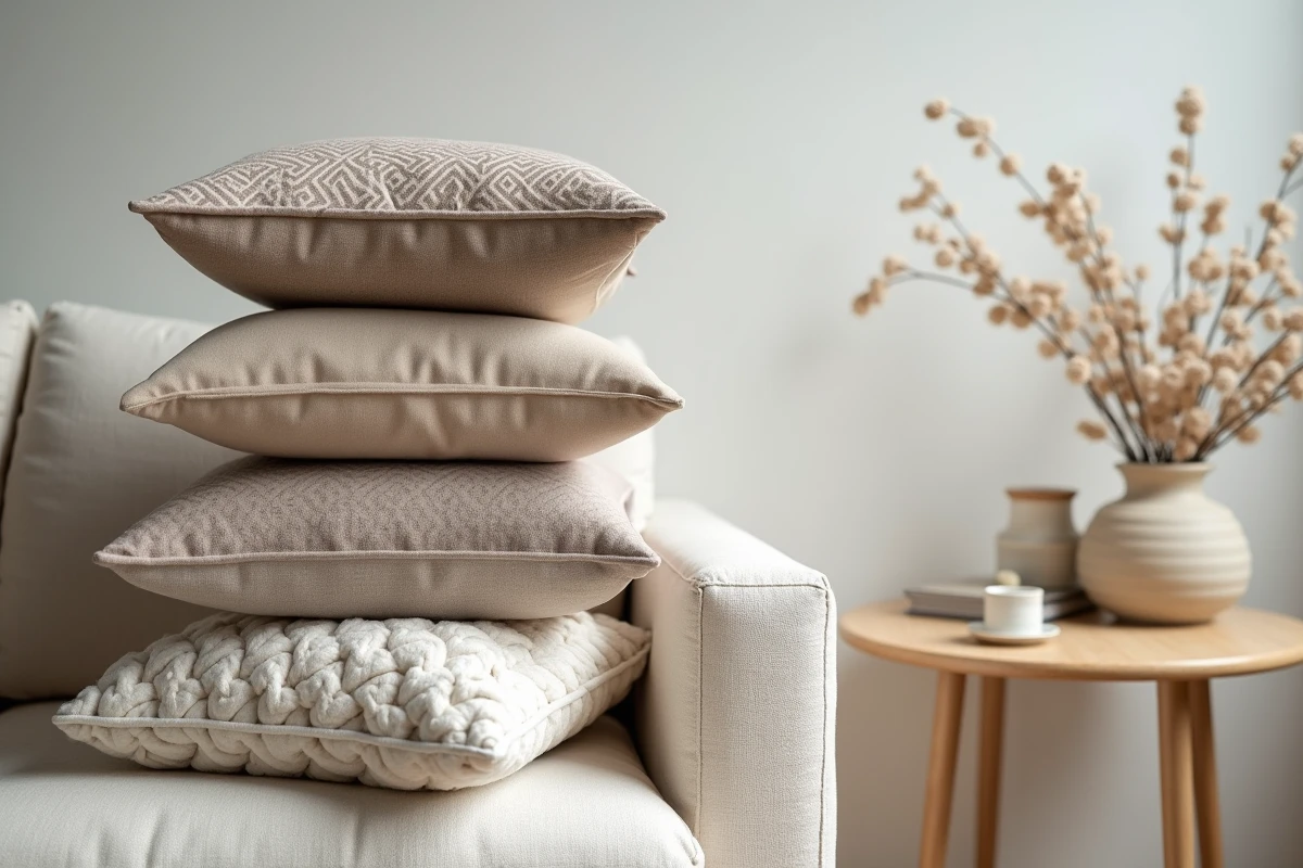 Gros plan sur un assortiment de coussins texturés et motifs variés disposés dans le coin d'un canapé bouclé crème