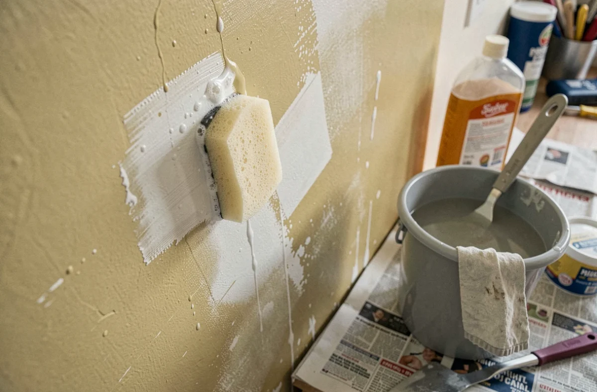 Gros plan d'une éponge lessivant un mur de cuisine gras avant peinture avec un seau d'eau savonneuse et du savon à base de soude posés sur un plan de travail protégé