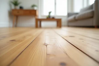 Gros plan sur un parquet en bambou naturel avec texture de grain visible et légères traces d'usure dans un salon minimaliste