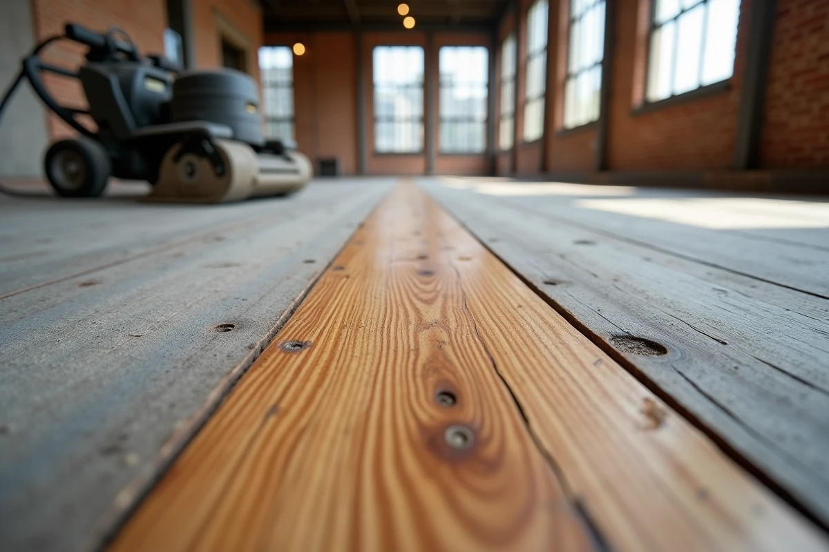 Gros plan sur un plancher en bois ancien en cours de restauration montrant le contraste avant-après