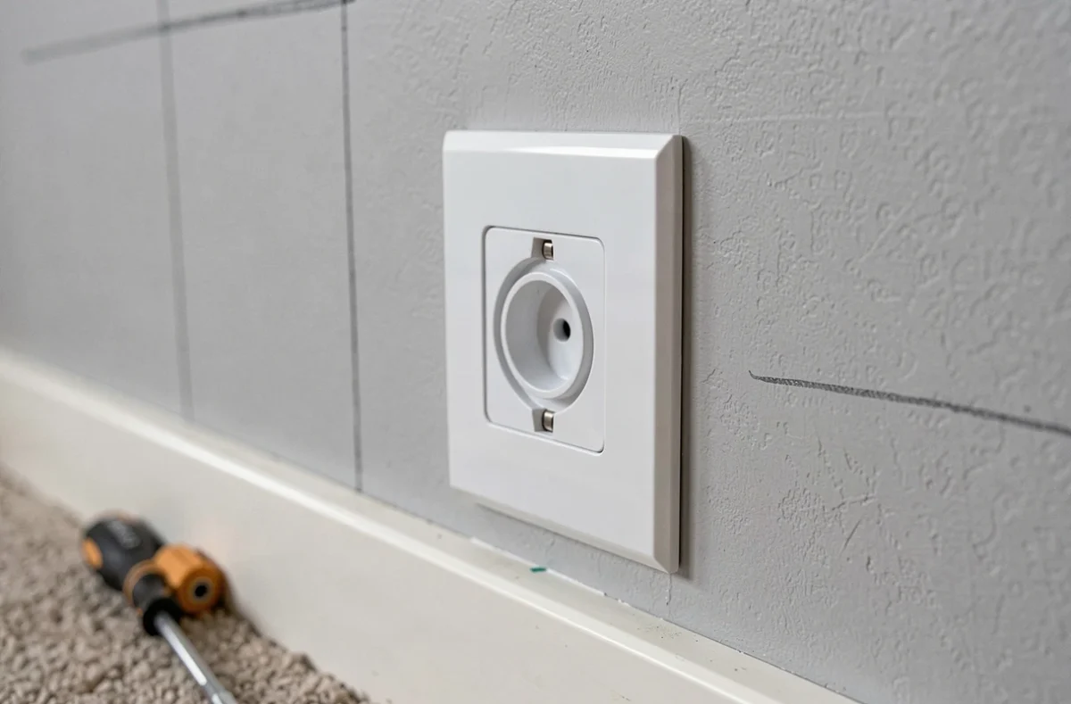 Gros plan d'une prise TV coaxiale encastrée dans un mur gris clair lors d'une installation soignée