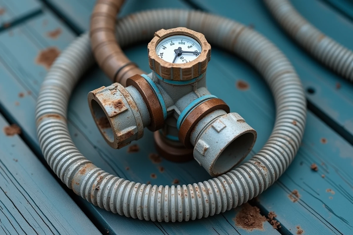 Gros plan sur des tuyaux et raccords endommagés du système de chauffage d'une piscine hors sol montrant corrosion et fissures