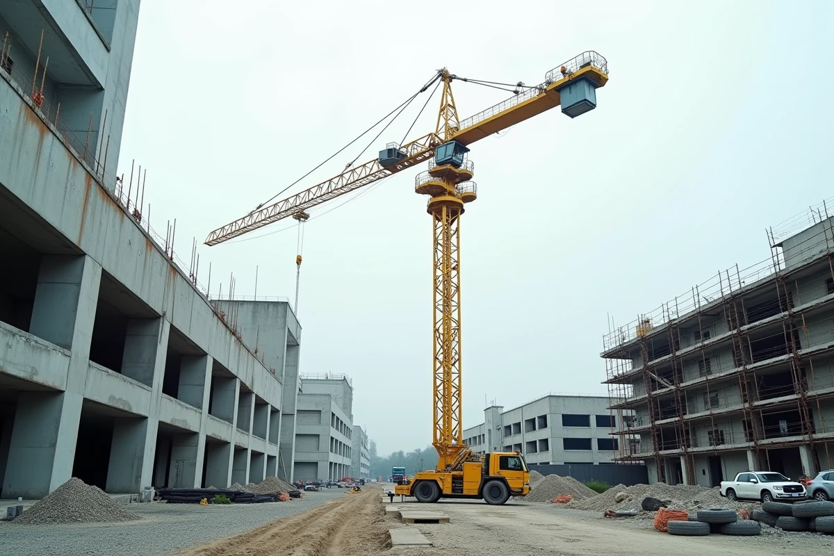Grue à tour Liebherr sur un chantier de construction urbain, illustrant la robustesse et la fiabilité des équipements industriels de la marque