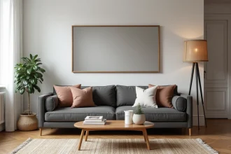 Miroir rectangulaire accroché au-dessus d'un canapé gris dans un salon moderne scandinave