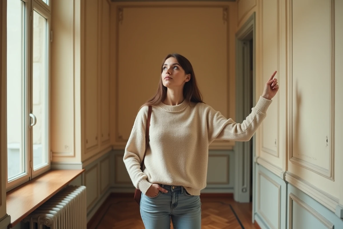Femme dans un couloir haussmannien appréciant la hauteur sous plafond avec moulures anciennes