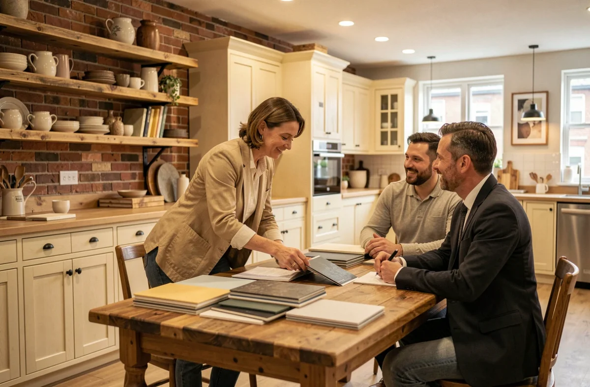 Cuisiniste Home Atmosphère avec designer présentant des échantillons de cuisine sur mesure
