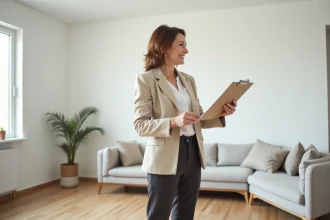 Home stageuse professionnelle évaluant l'aménagement minimaliste d'un salon pour une mise en vente immobilière