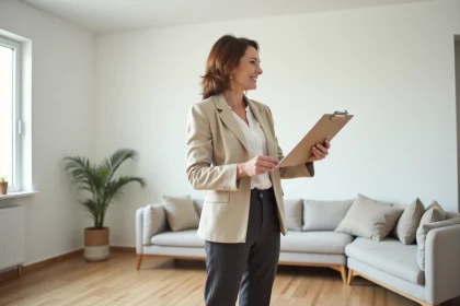 Home stageuse professionnelle évaluant l'aménagement minimaliste d'un salon pour une mise en vente immobilière