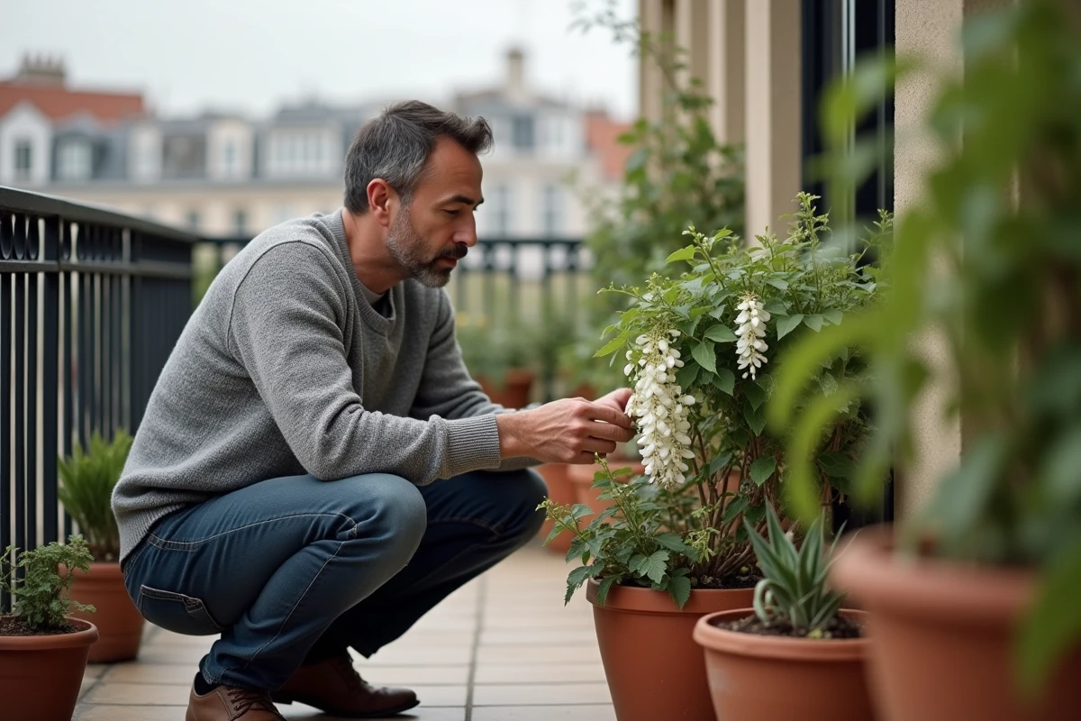 Homme inspectant des plantes sur un balcon urbain, dont une glycine et un pothos considérés comme néfastes selon les superstitions