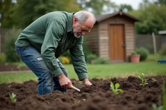 Homme tenant une bêche au-dessus d'un sol retourné dans un jardin potager, illustrant les effets négatifs du bêchage sur la structure du sol