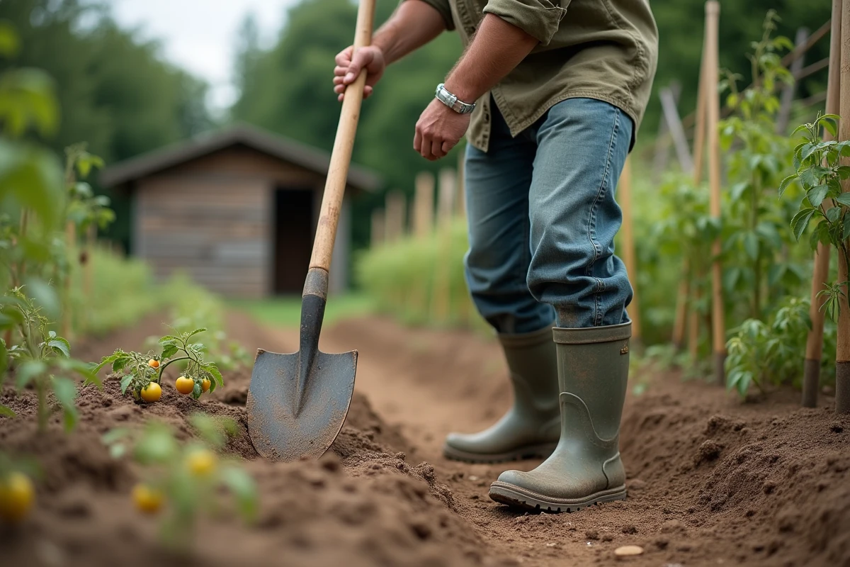 Homme travaillant la terre avec une binette à long manche dans un jardin potager