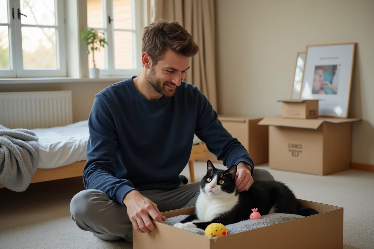 Homme réconfortant son chat dans une chambre nouvellement installée après un déménagement
