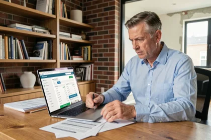Homme comparant des devis de rénovation sur un ordinateur portable avec des estimations imprimées sur un bureau en bois