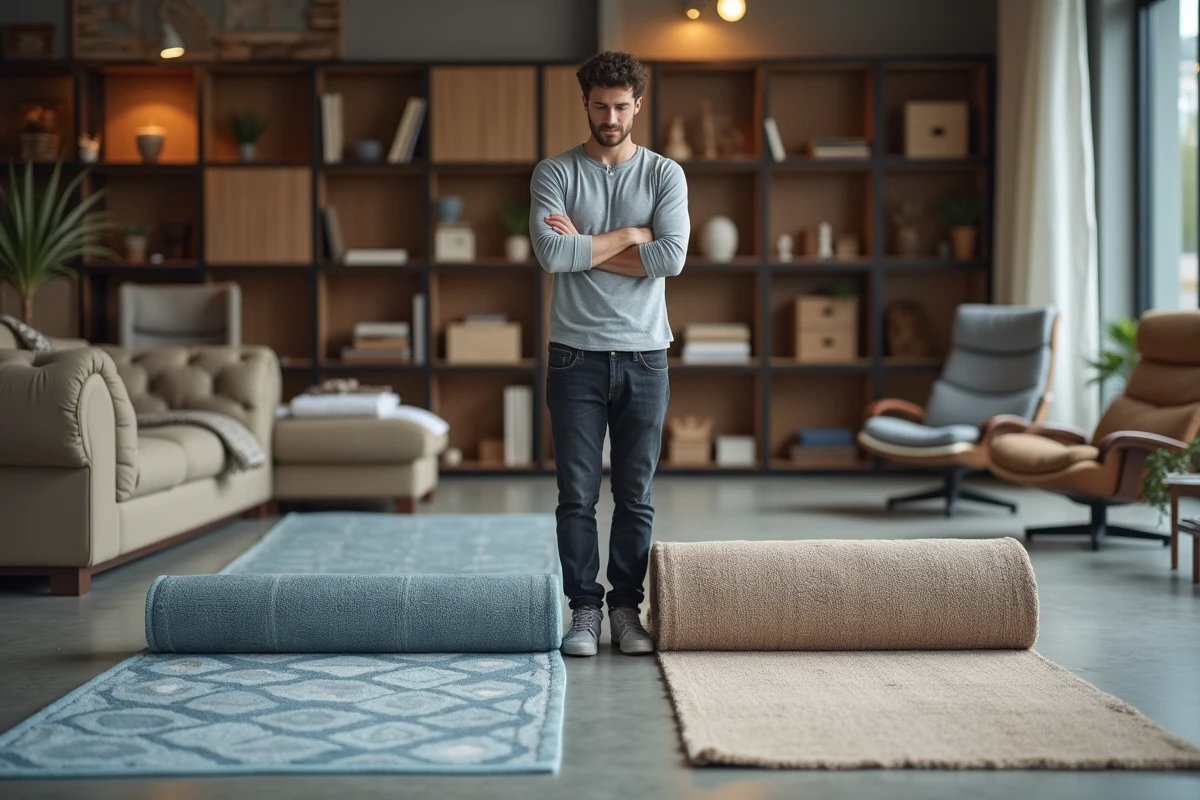 Homme comparant un grand tapis et un petit tapis dans un showroom de décoration intérieure
