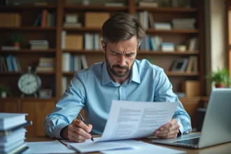 Homme stressé examinant un contrat de bail de sous-location à son bureau, illustrant les risques juridiques de la sous-location illégale
