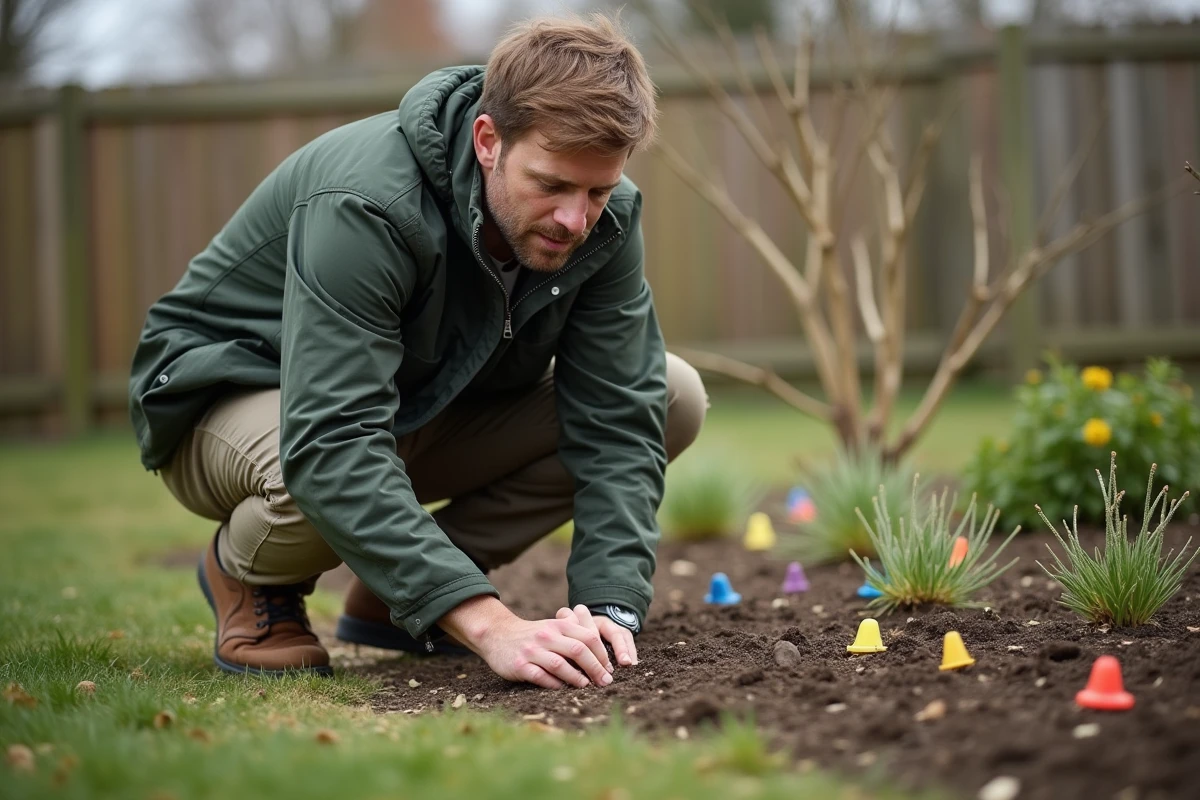 Homme posant des drapeaux colorés dans un potager pour délimiter les zones de plantation lors de la planification du jardin