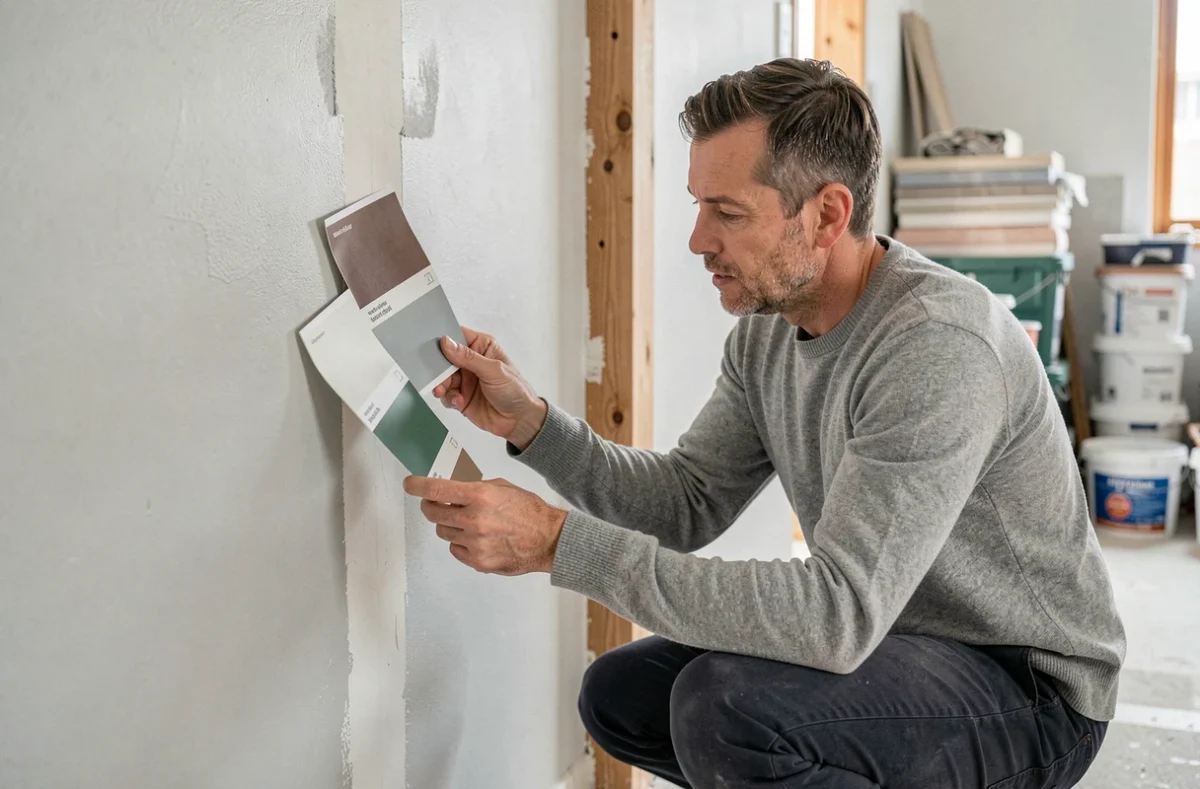 Homme comparant des échantillons de peinture sur un mur lors d'une rénovation intérieure avant de finaliser son choix