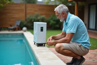 Homme examinant un chauffe-piscine à pompe à chaleur installé dans un jardin résidentiel