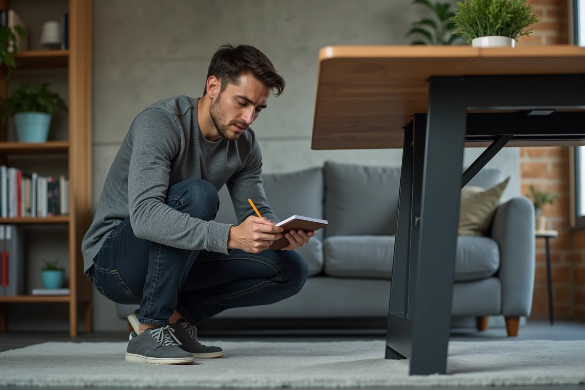 Jeune homme accroupi examinant les pieds et la hauteur d'une table extensible dans un salon moderne